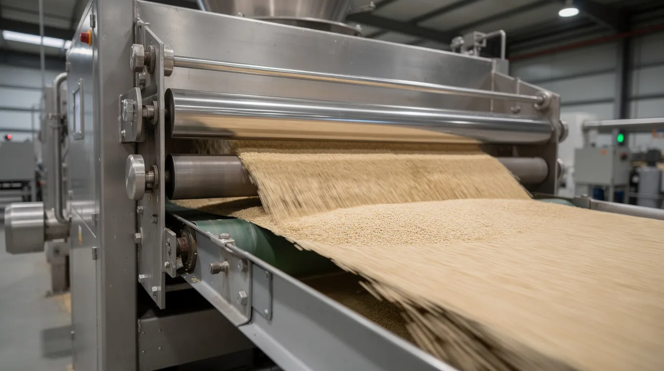 The image shows a close-up view of industrial rice milling machinery, featuring conveyor belts actively processing paddy rice inside a factory. This setting highlights essential equipment used in the rice mill business, illustrating the operations involved in transforming raw materials into polished rice for the market.