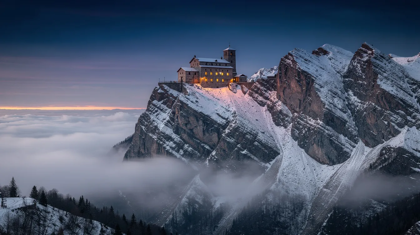 Die Bildbeschreibung zeigt eine majestätische Berglandschaft mit einem einsamen Kloster, das auf einem verschneiten Gipfel thront. Unterhalb des Klosters breitet sich ein nebliges Tal aus, während die Dämmerung eine mystische Atmosphäre schafft, die an die düstere Welt von Gotham City aus „Batman Begins“ erinnert.