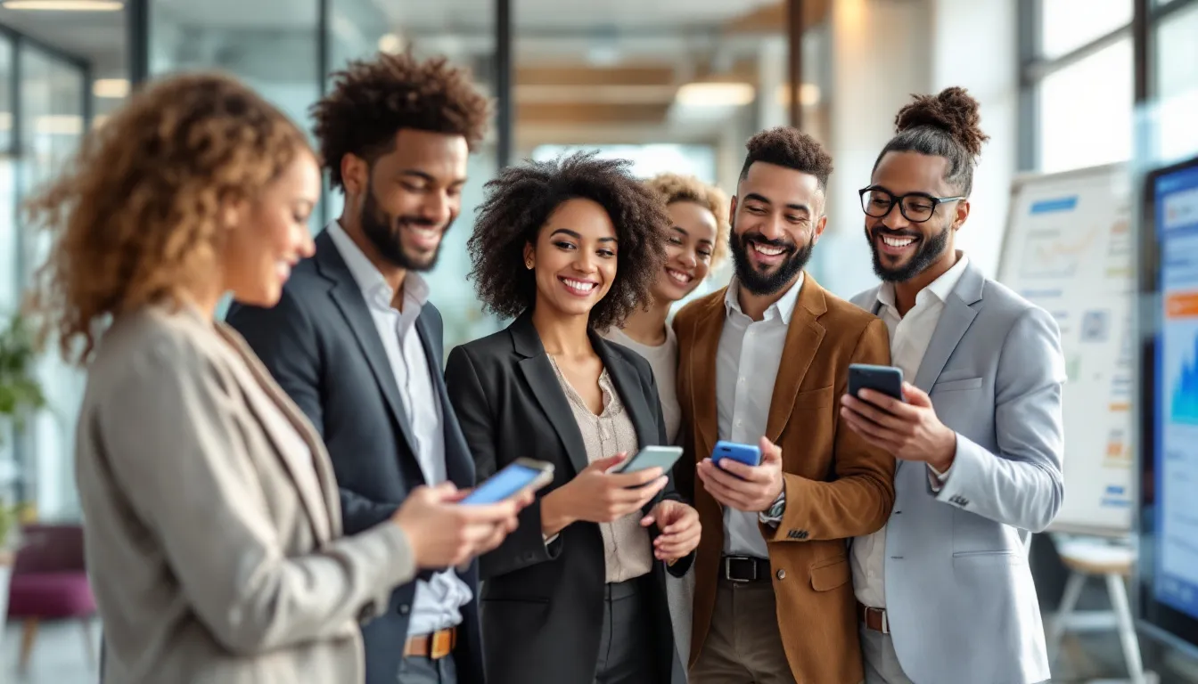 In this image, a diverse team of social media experts collaborates on a strategy for platform-specific social marketing solutions, utilizing tools for social media management and advertising to boost engagement and generate leads for their clients. The setting is vibrant and filled with digital marketing materials, showcasing the dynamic nature of social media campaigns across multiple platforms.