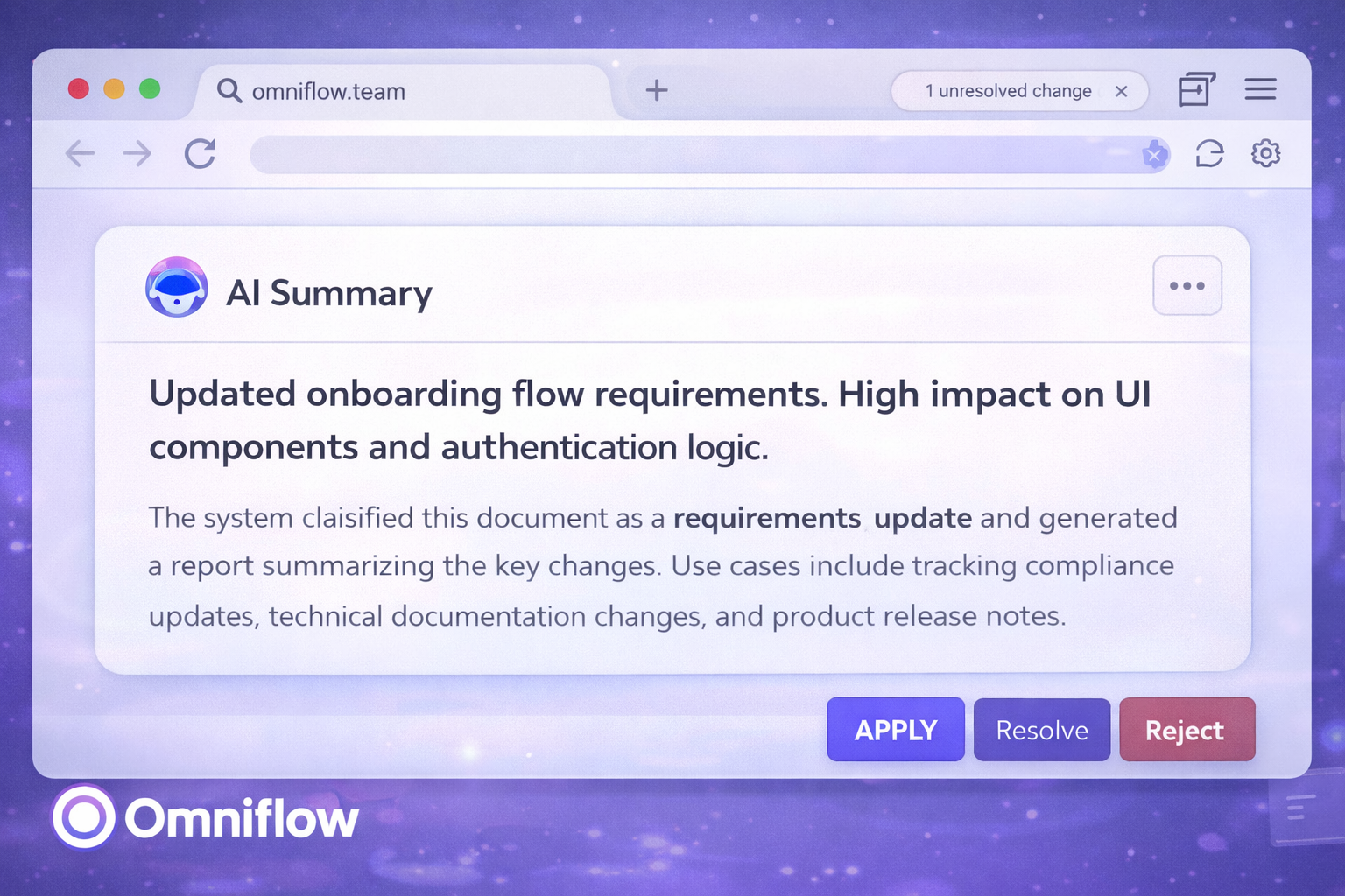 Image showing an AI summary of changes being made to product requirements resources, which explain the basics and context of the type of changes were made