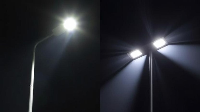 HID streetlight on the left vs LED streetlight on the right