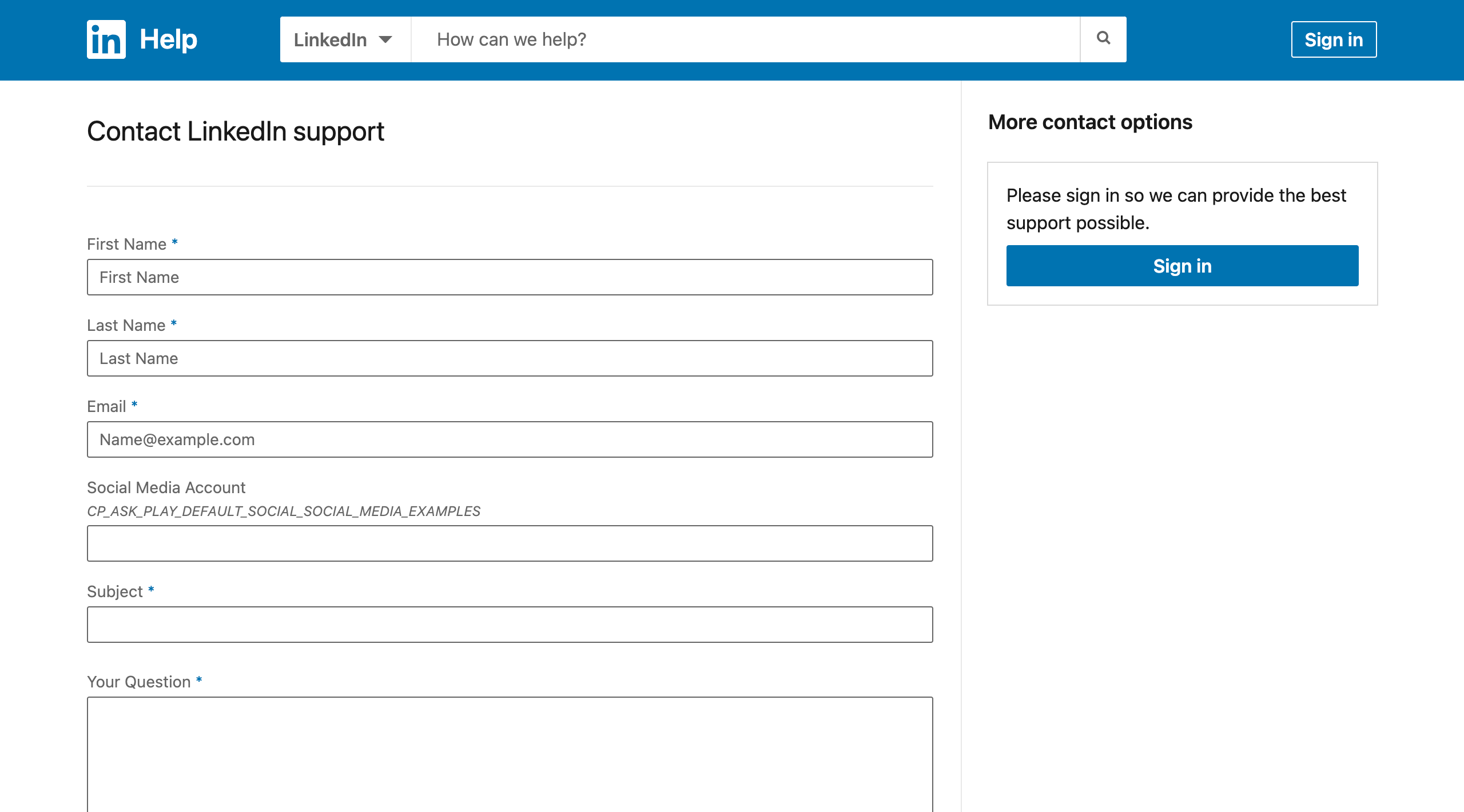 LinkedIn logged-out support form