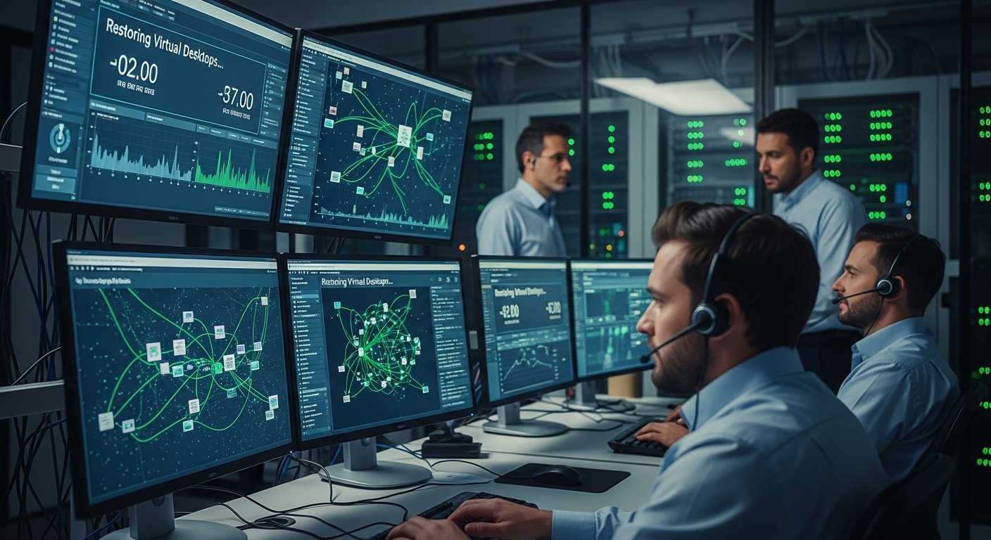 Failover scenario showing virtual desktops restoring quickly to meet low RTO targets.