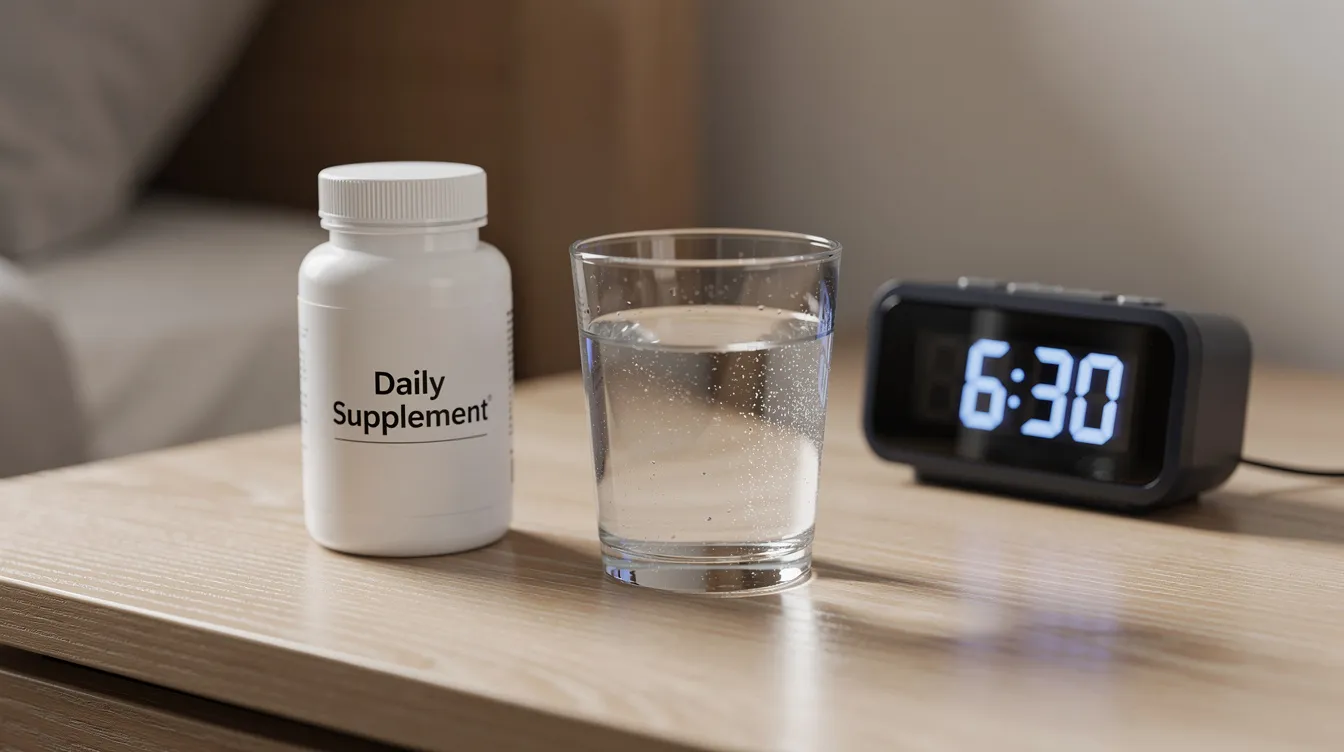 The image shows a glass of water alongside a bottle of testosterone booster supplements on a nightstand, with an alarm clock in the background. This setting suggests a focus on promoting healthy testosterone levels and overall health, possibly as part of a daily routine for muscle growth and energy support.