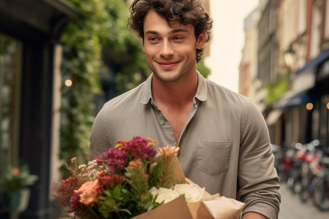 sam day delivery, delivering gifts, gift wrapping, flower delivery, man smiling holding colourful flowers, Flower Guy