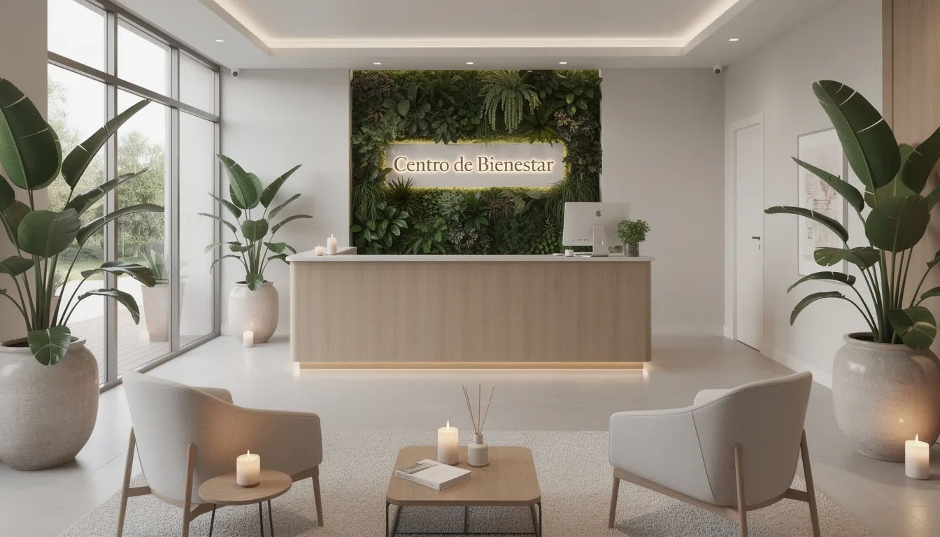 Imagen de la recepción de un centro de bienestar moderno, decorada con plantas y un ambiente relajante, donde los clientes pueden recibir asistencia y confirmar citas a través de un sistema de notificaciones. El espacio transmite tranquilidad y está diseñado para ofrecer una experiencia agradable a los pacientes.