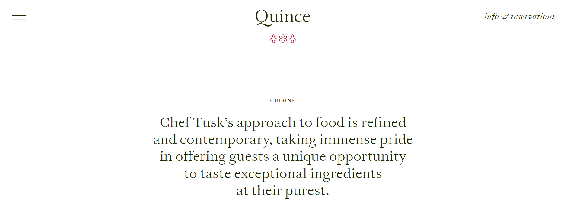 screenshot of the home page of the quince restaurant website 