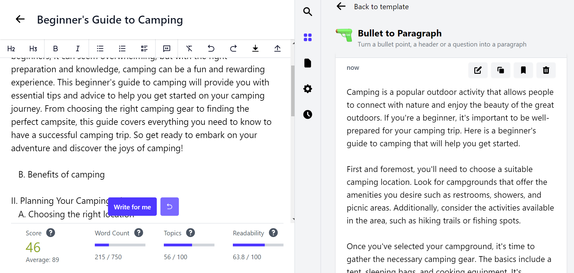 Benefits of Camping - Bullet to Paragraph tool