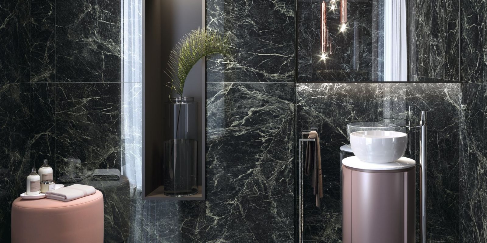Luxurious dark marble-effect tiles with bold white veining, adding depth and drama to a contemporary bathroom setting.