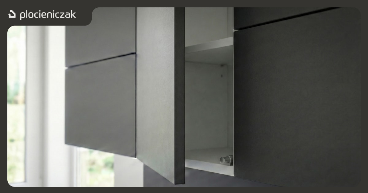 Minimalistyczne szafki górne bez uchwytów z systemem push to open – gładkie fronty otwierane przez naciśnięcie