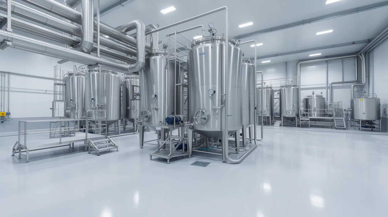 The image depicts a modern dairy processing plant equipped with industrial stainless steel machinery, including large storage tanks and intricate piping systems, essential for the ghee manufacturing process. This setup highlights the key equipment used in the production of clarified butter, showcasing the advanced technology employed in the food processing industry to ensure quality control and efficiency.