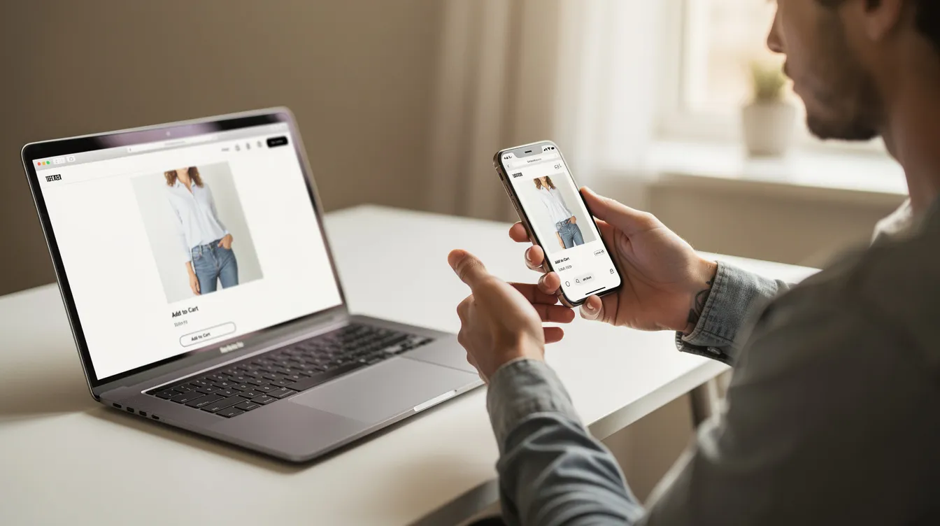 A shopper is seen holding a smartphone to view a product while a laptop sits beside them, suggesting a focus on mobile optimization for ecommerce product pages. The scene highlights the importance of user behavior and the customer journey in an online store, emphasizing the need for high-quality images and detailed product descriptions to convert potential customers.