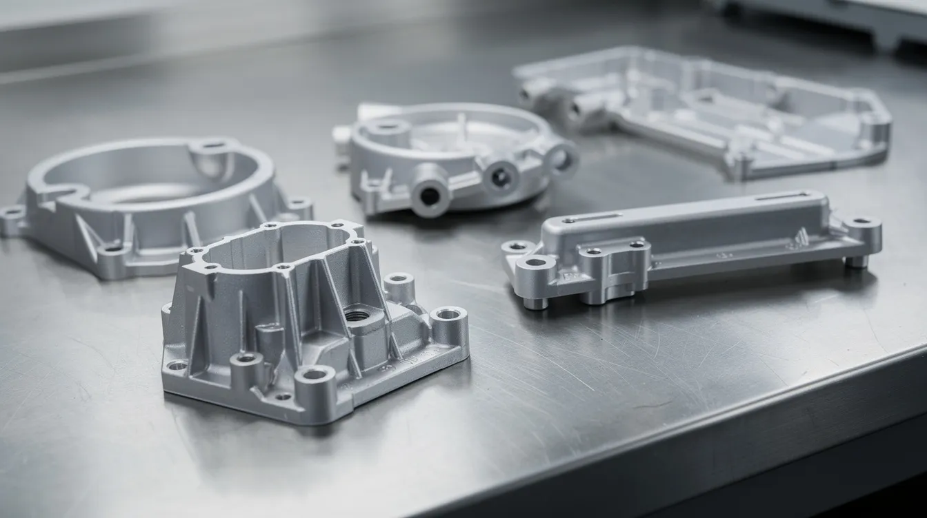 A close-up view of several precision aluminum die cast parts, including housings and brackets, is displayed on a metal workbench, showcasing their complex geometries and excellent fluidity. These components highlight the durability and mechanical properties of aluminum alloys, making them suitable for various high-performance applications in industries such as automotive and power tools.