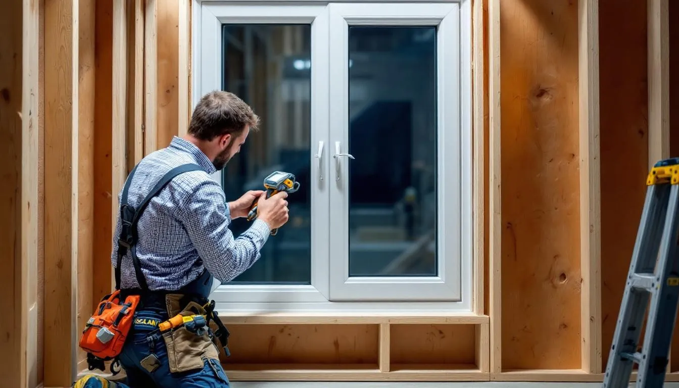 De afbeelding toont een professionele installatie van GEALAN ramen, waarbij nauwkeurige pas- en afdichtingstechnieken worden toegepast. De installatie benadrukt de thermische eigenschappen en waterdichtheid van de gealan s 9000 profielen, ontworpen voor moderne woningen en voorzien van innovatieve flexibele middendichting.