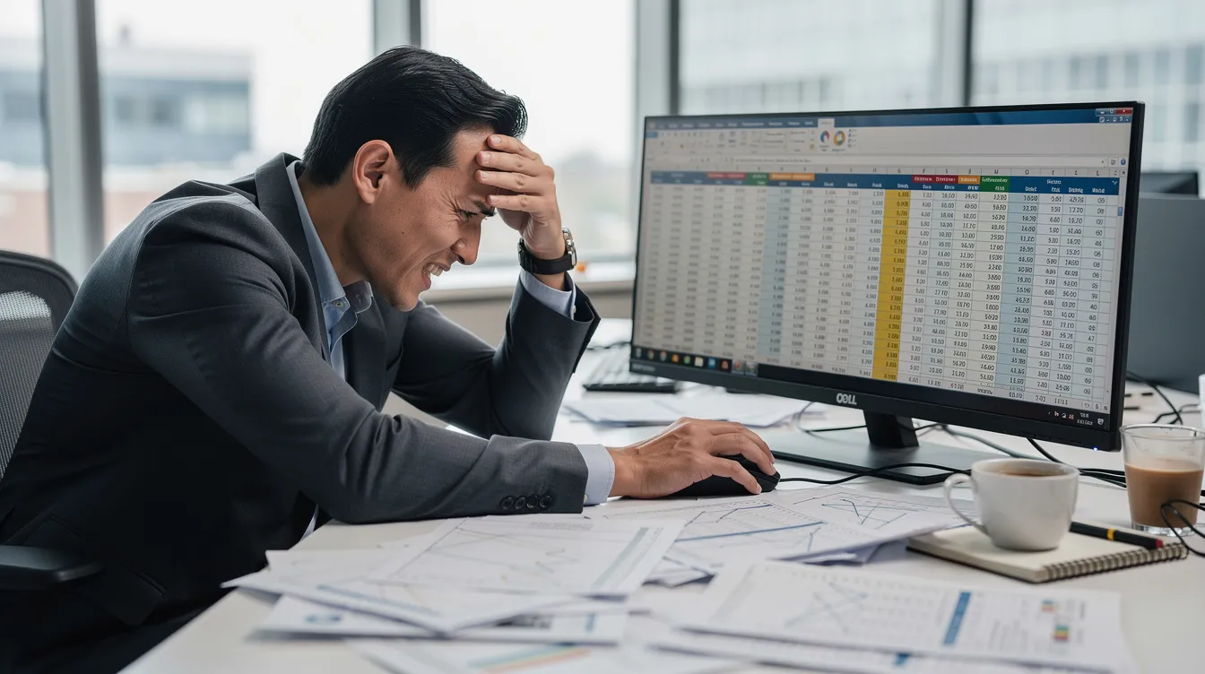 Obrazek przedstawia sfrustrowanego przedsiębiorcę, który patrzy na komputer z otwartymi arkuszami kalkulacyjnymi. Osoba ta prawdopodobnie zmaga się z problemami związanymi z zarządzaniem procesami biznesowymi i wdrożeniem systemu ERP, co może wpływać na efektywność zarządzania zasobami przedsiębiorstwa.