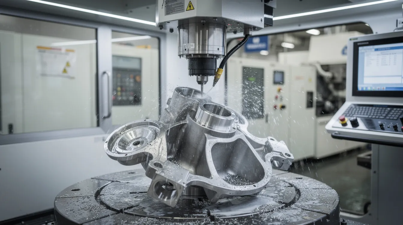 The image depicts a five-axis CNC machining center actively milling a titanium aerospace part, showcasing the precision machining process essential for the aerospace and defense industries. This setup emphasizes rigorous quality management and compliance with high-quality standards, ensuring the production of aerospace components meets stringent requirements.