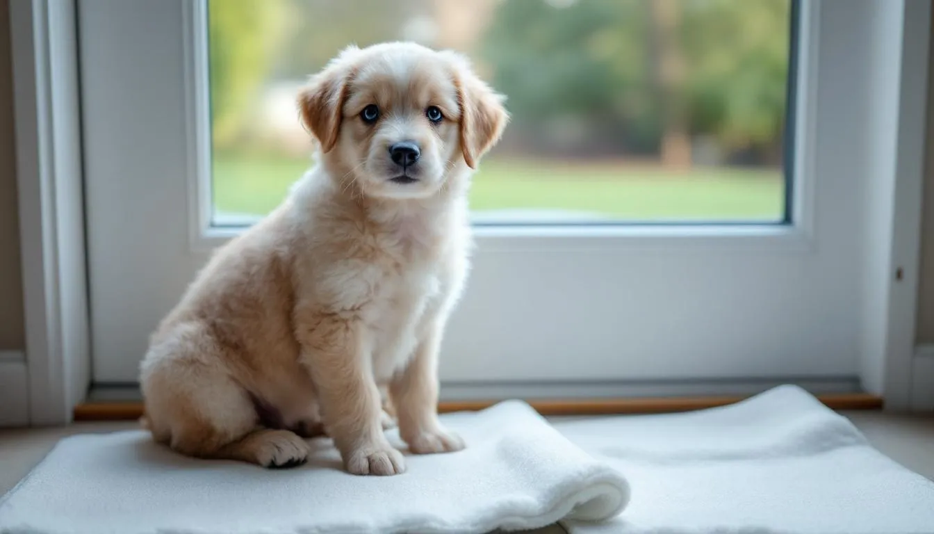 A small puppy is seen using training pads near a back door, indicating its early stages of house training. This young puppy is likely waiting for its opportunity to go outside and explore a safe environment once it is fully vaccinated.