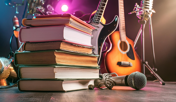 Image of books, guitars, and  microphones