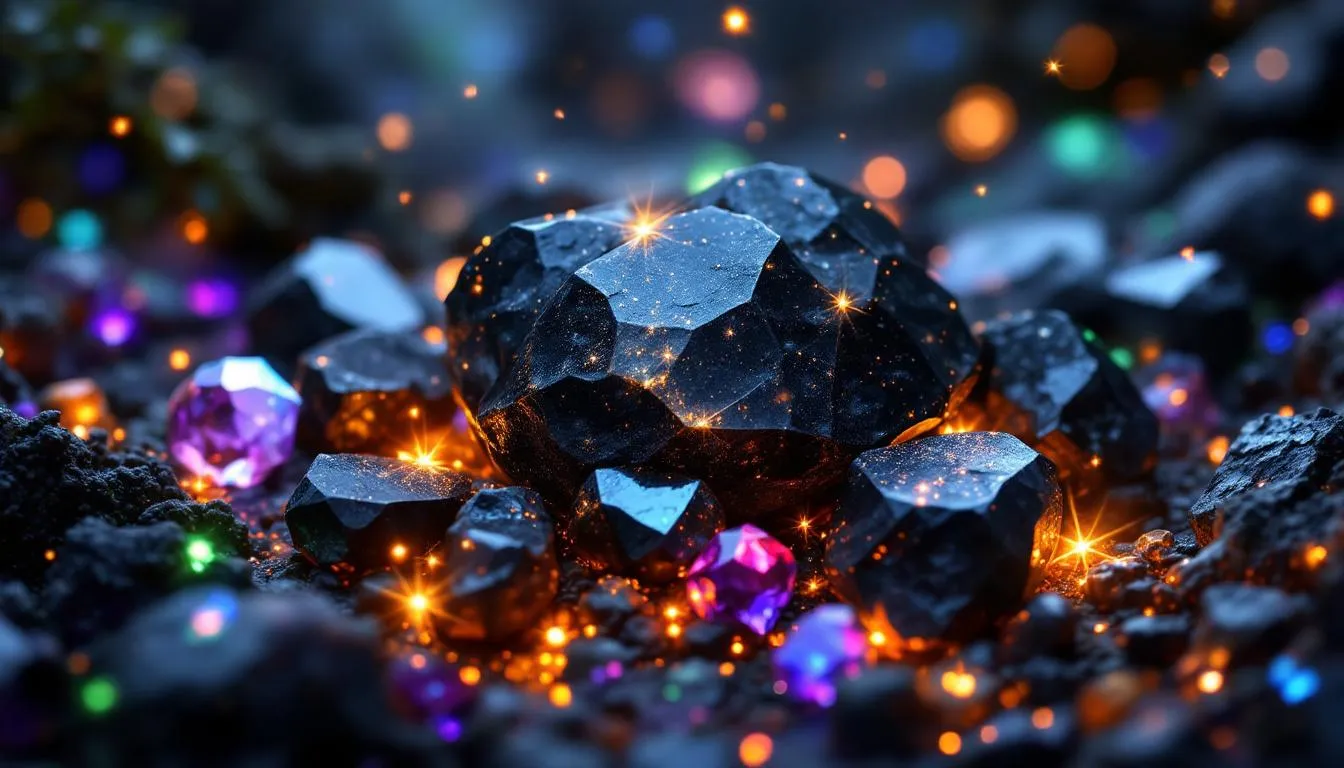 Black tourmaline stones, recognized for their protective qualities against negative energy.