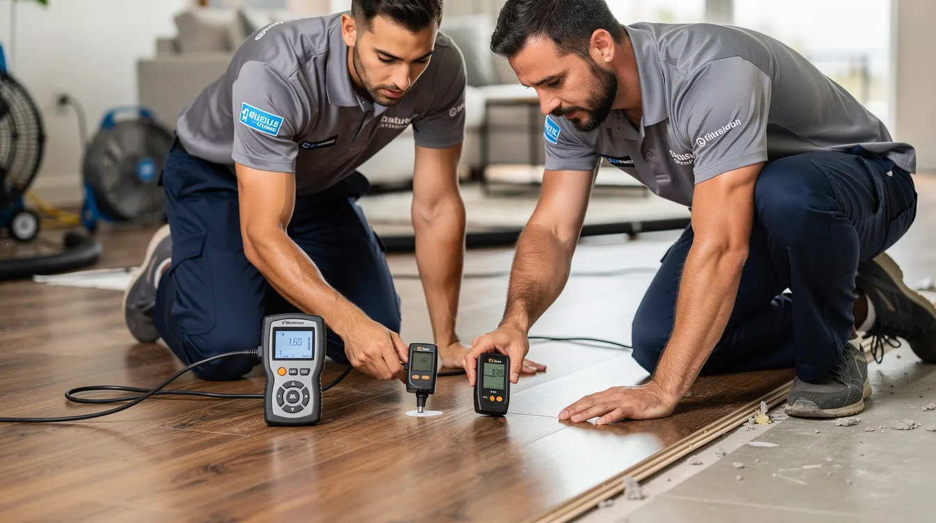 The image shows restoration technicians using advanced moisture detection equipment to assess flooring for potential slab leaks, highlighting their expertise in leak detection and repair services. This process is crucial for identifying hidden water leaks that could lead to significant damage to a home's concrete slab foundation.