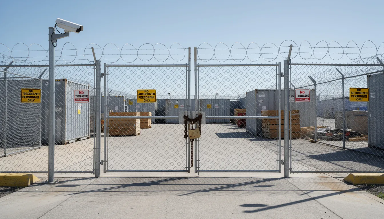 The image depicts a secure outdoor storage area enclosed by a locked fence, featuring prominent warning signs indicating the presence of hazardous materials. This area is likely designated for the safe disposal of asbestos contaminated material, ensuring compliance with local council regulations and Worksafe guidelines to minimize health risks associated with asbestos exposure.