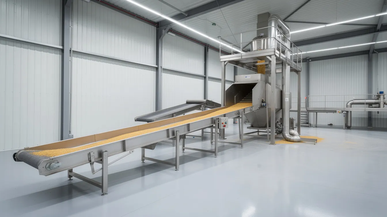 The image depicts a stainless steel grain processing conveyor and elevator system within a clean factory environment, designed for the food processing industry. This fully automatic system is suitable for various grains, ensuring hygiene compliance and precise temperature control for efficient roasting operations, such as with roasted chana and other nuts.