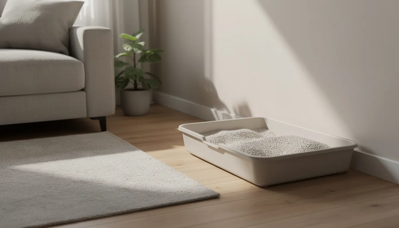 Een open kattenbak staat in een rustige hoek van de woonkamer, klaar voor katten om in te plassen. Het is belangrijk dat de kattenbak schoon is om onzindelijkheid en andere symptomen bij de katten te voorkomen.