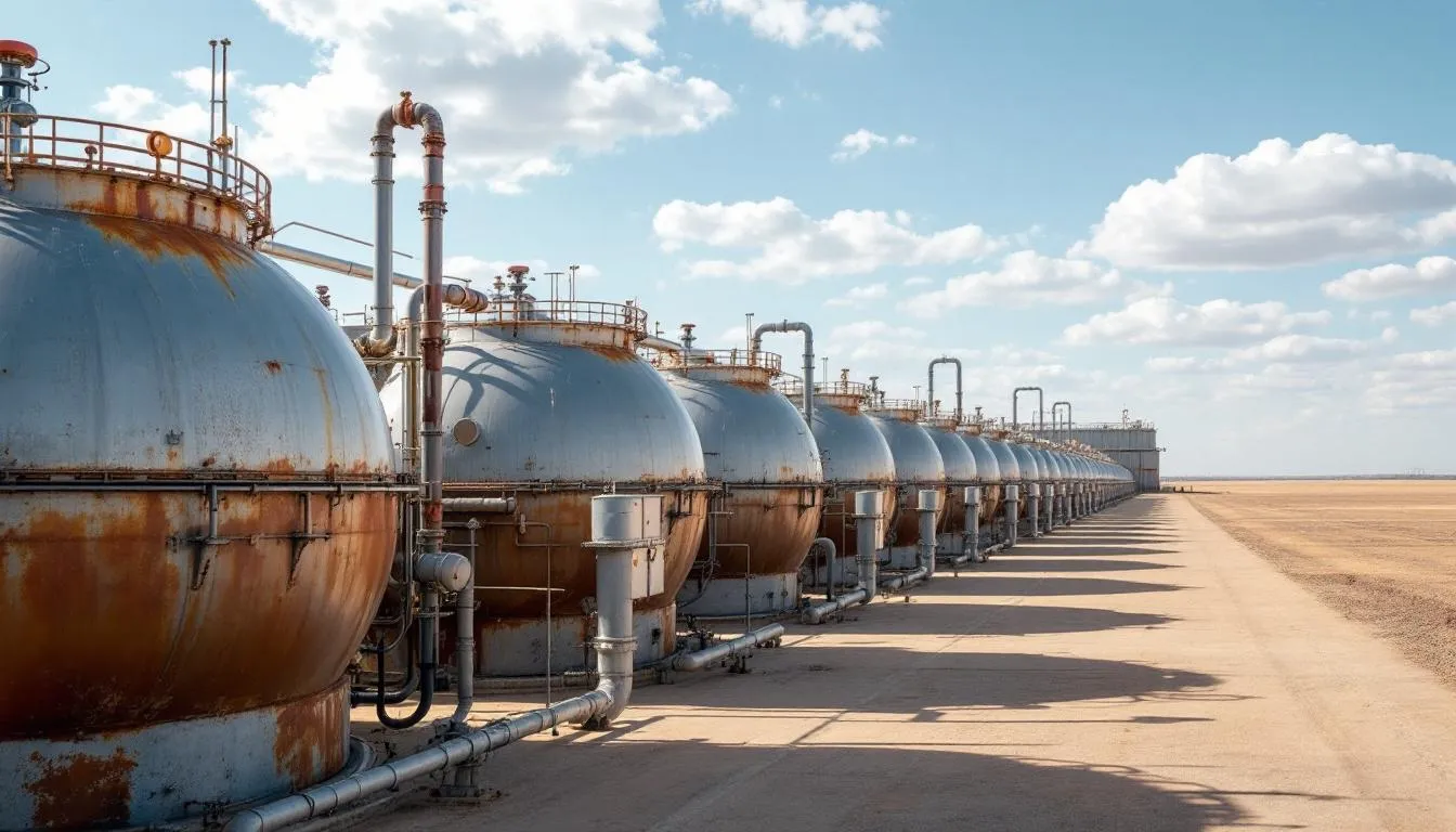 The image depicts large oil and gas well tanks, essential for storing crude oil and facilitating oil production in the energy sector. These tanks represent a critical component of oil companies' infrastructure, reflecting the dynamics of oil markets and investments in crude oil futures contracts.
