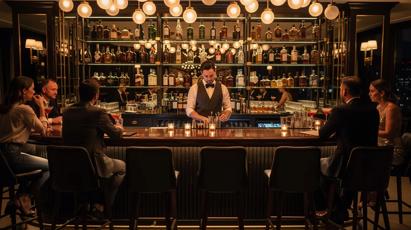 The image depicts an elegant cocktail bar interior in a West Village location, featuring warm amber lighting and a long wooden bar where patrons are seated, enjoying classic cocktails and engaging in conversation. The cozy atmosphere is enhanced by white brick walls and small tables, making it an inviting spot for New Yorkers to unwind and socialize.