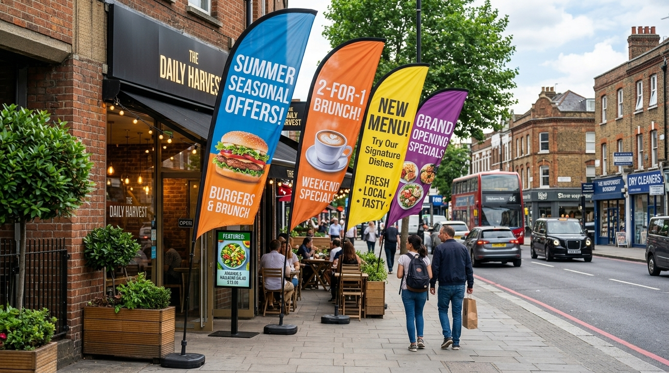Top 10 Restaurant Signage Examples That Drive Visibility and Sales 8 digital flags and banners