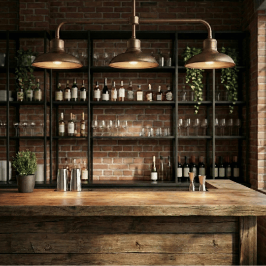 Shallow dome pendant light casting warm light over a dining table.