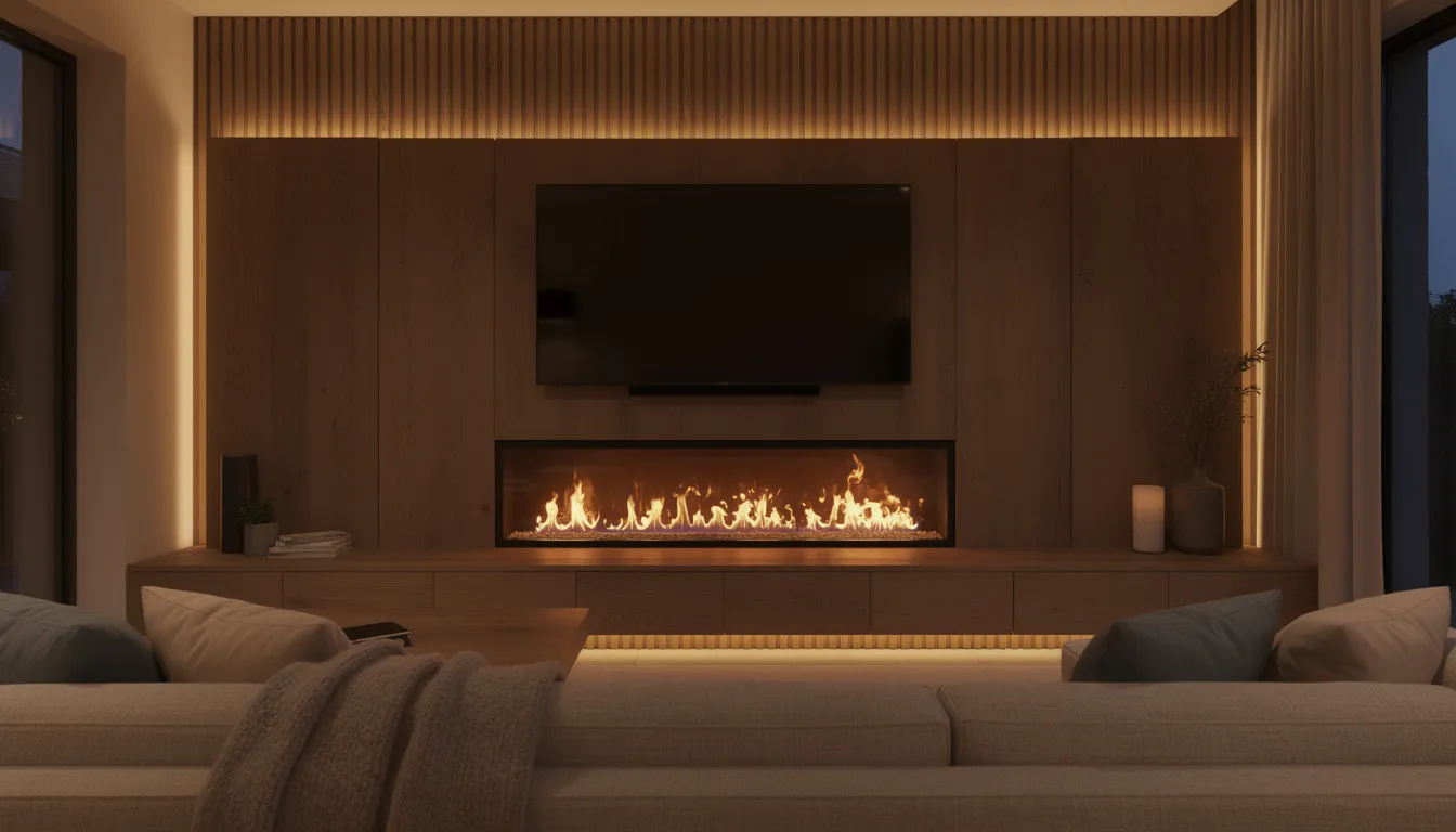 Een gezellige cinewall met houten wandpanelen en een ingebouwde elektrische haard creëert een warme sfeer in de woonkamer, terwijl sfeervolle avondverlichting de strakke afwerking accentueert. De combinatie van moderne uitstraling en akoestische wandpanelen maakt het een stijlvol decoratief element achter de tv.