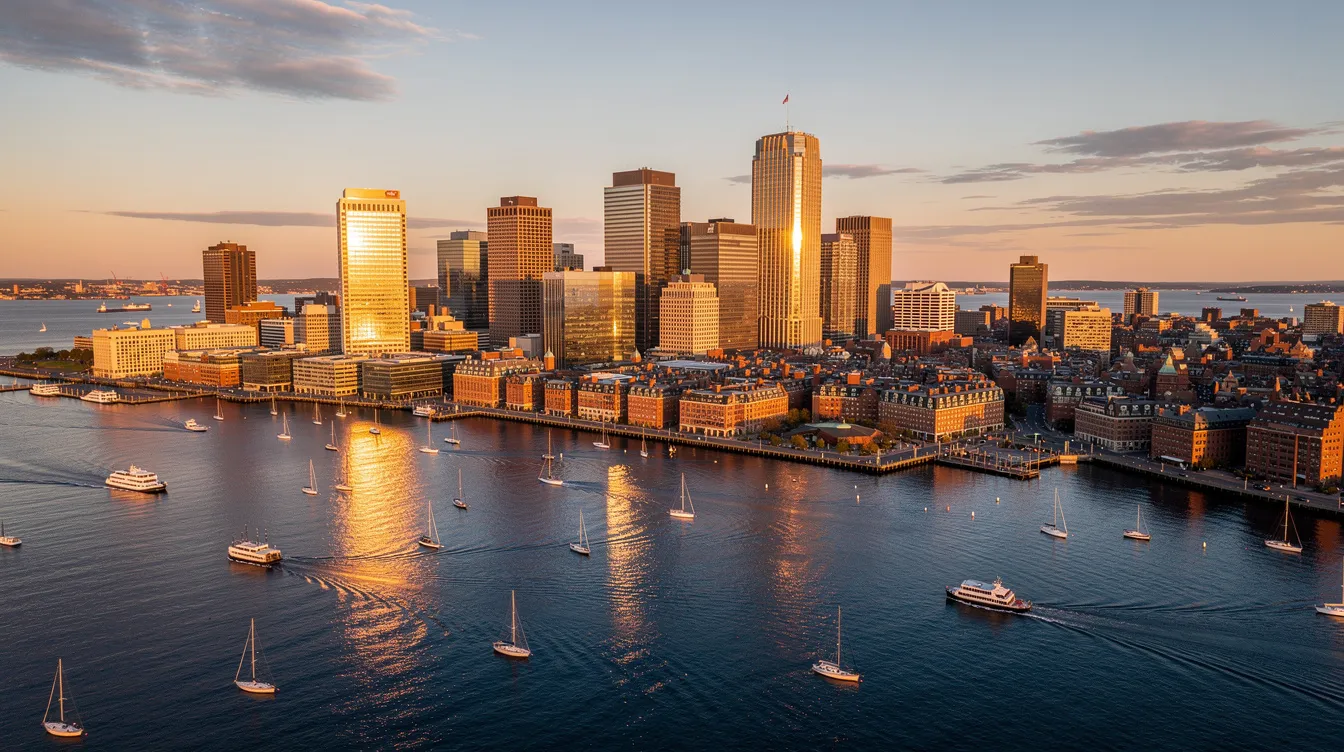 An aerial drone shot captures the stunning Boston harbor and the downtown skyline bathed in the warm hues of golden hour, showcasing the city's vibrant atmosphere and architectural beauty. This image could serve as a backdrop for corporate video production, effectively building brand awareness and engaging audiences through visual storytelling.