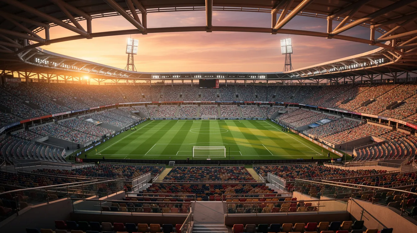 Das Bild zeigt ein großes Fußballstadion bei Sonnenuntergang, mit leeren Sitzplätzen und einem grünen Spielfeld. Diese Kulisse erinnert an die spannenden Spiele von Legenden wie Bastian Schweinsteiger und die Atmosphäre, die Fans wie bei einem FC Bayern München-Spiel erleben.