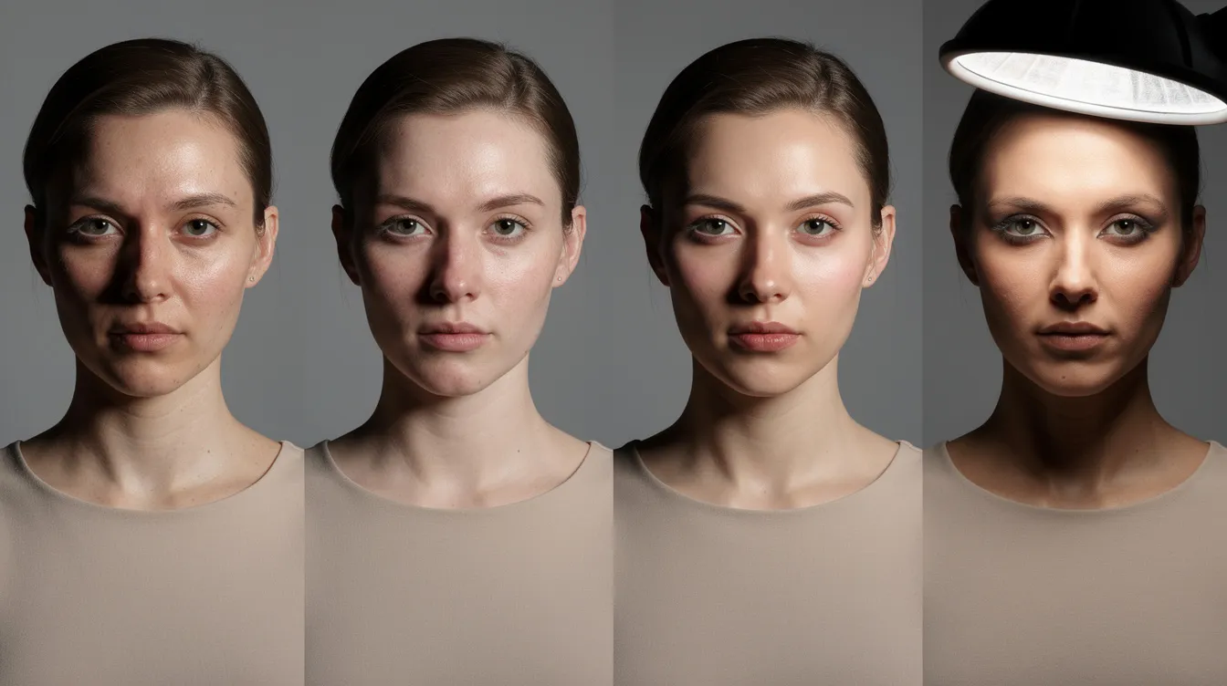 Das Bild zeigt vier Porträts derselben Person nebeneinander, die unterschiedliche Lichtsetzungen präsentieren: von hartem Licht ohne Lichtformer über weiches Licht mit einer Softbox bis hin zu einem aufgehellten Schatten mit Reflektor und betonten Konturen durch einen Beautydish. Diese Beispiele verdeutlichen die Wirkung verschiedener Beleuchtungstechniken in der Portraitfotografie.