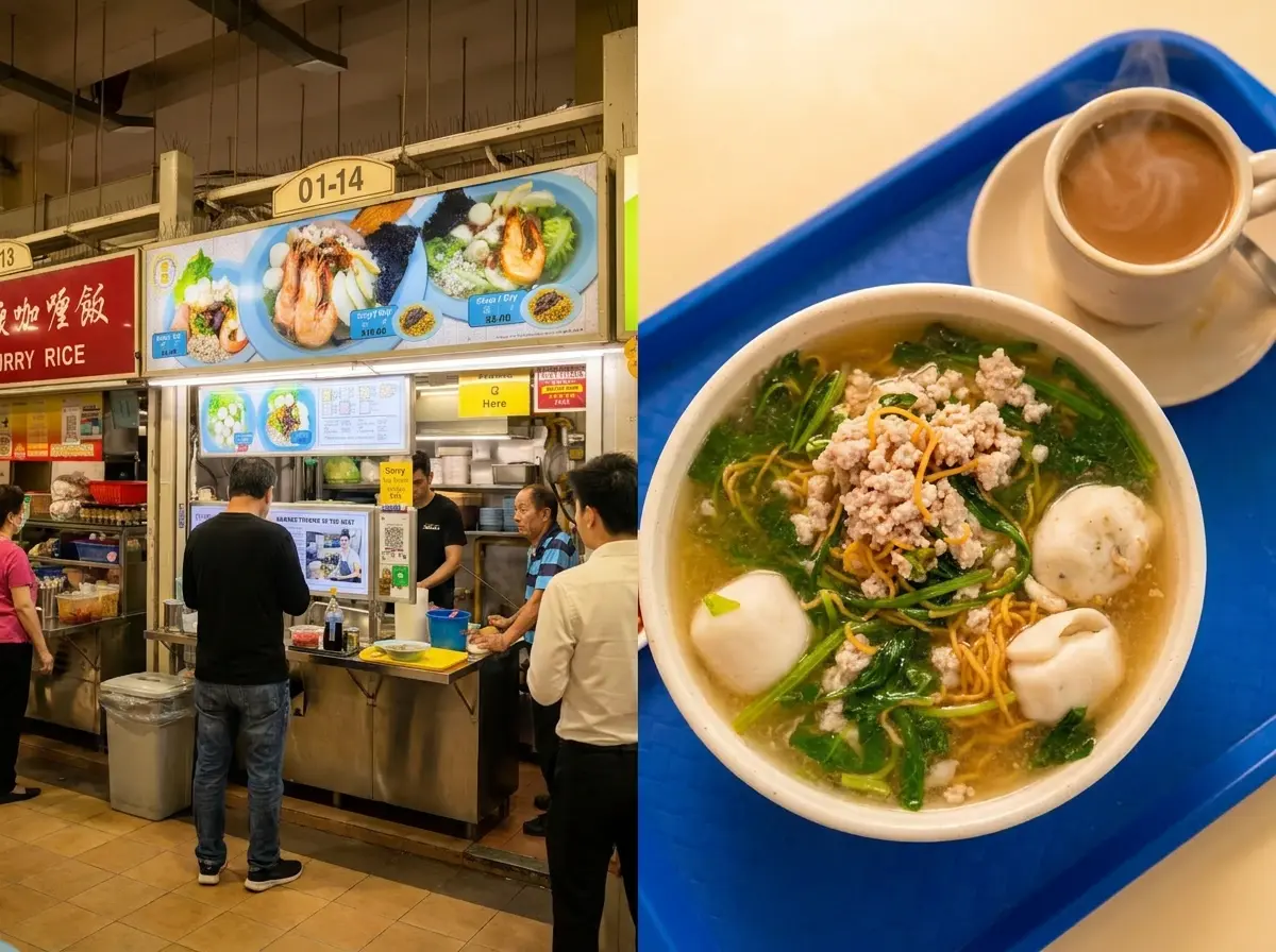 A split image showing a Singaporean hawker stall (unit 01-14) on the left, with customers waiting in line. On the right, a bowl of noodle soup topped with minced meat, fishballs, and greens is served alongside a steaming cup of milk coffee on a blue tray.