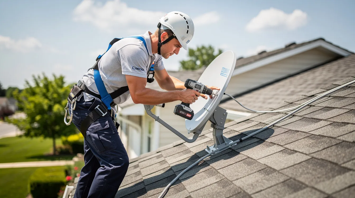 A professional technician is installing satellite equipment on the roof of a residential home, ensuring optimal performance for the DSTV system. The technician is focused on fine-tuning the dish for the best reception, providing installation services for Strandfontein residents.