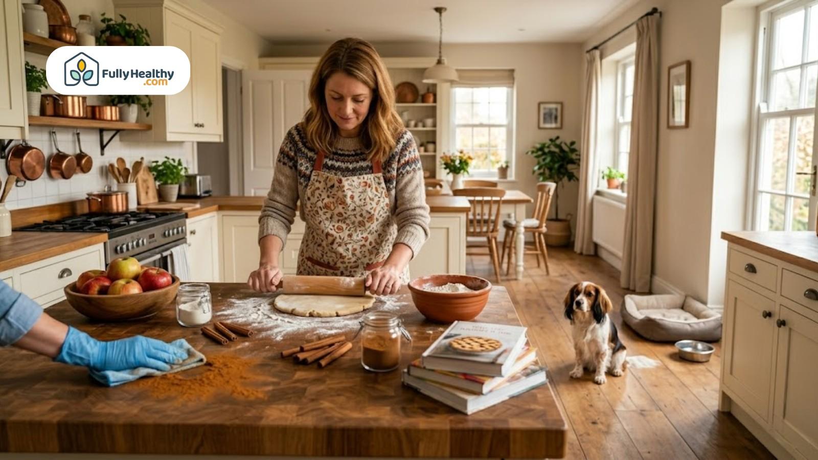 Woman rolling dough for treats while dog waits in cozy kitchen