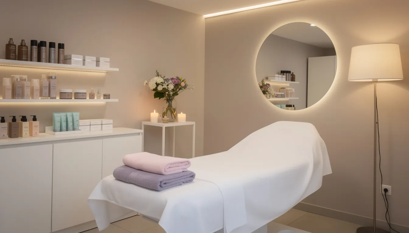 Gabinet kosmetyczny z relaksującą atmosferą, w którym delikatne oświetlenie tworzy przyjemne warunki do zabiegów medycyny estetycznej, takich jak laserowe usuwanie rozstępów. W tle można dostrzec eleganckie meble oraz akcesoria, które sprzyjają odprężeniu i regeneracji skóry.