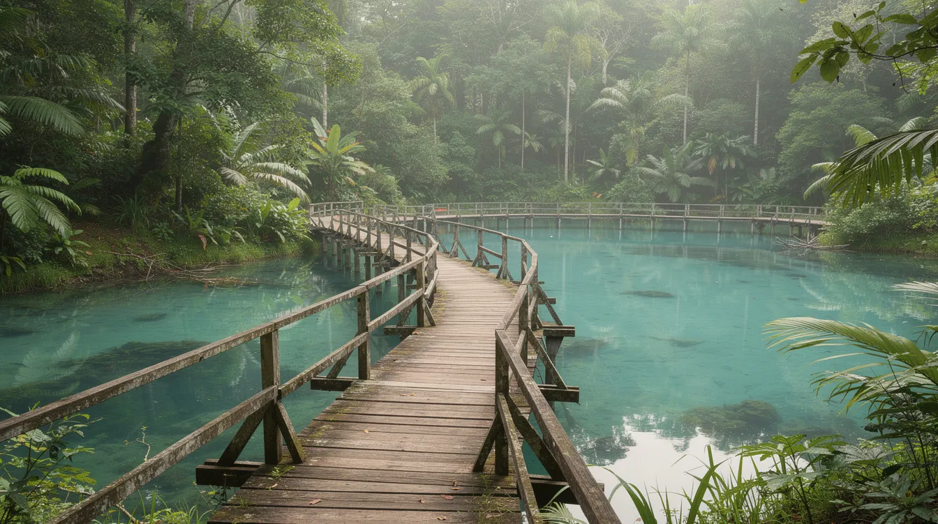 A imagem mostra lagos cristalinos cercados por uma densa floresta verde, com passarelas de madeira que permitem a exploração do local. Este cenário é um exemplo da beleza natural da região de Rastoke, na cidade de Slunj, na Croácia, conhecida por suas cachoeiras e moinhos de água.
