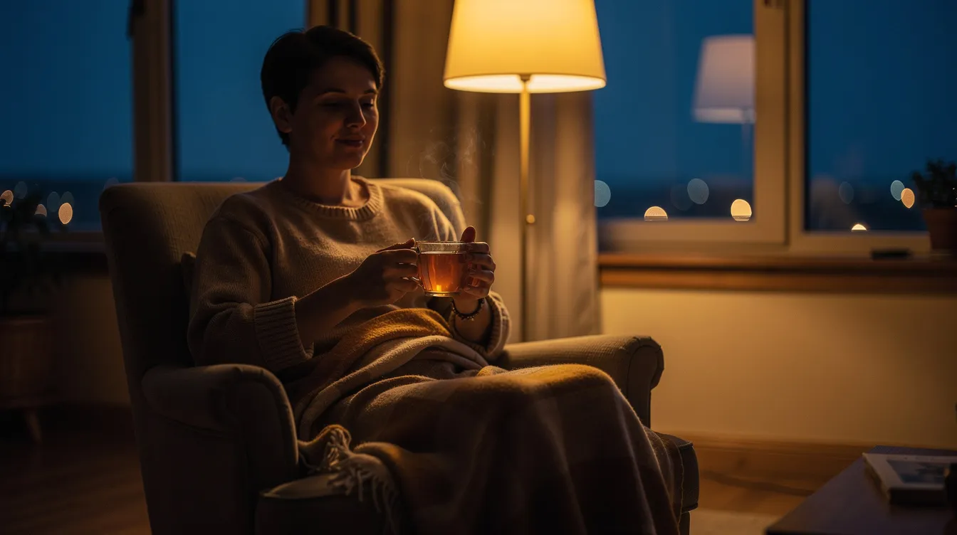 A person sits calmly in a dimly lit room, cradling a warm cup of herbal tea in the evening, creating a serene atmosphere ideal for relaxation and improved sleep quality. This tranquil scene highlights the importance of a restful evening routine, which can be enhanced with natural supplements like functional mushroom gummies for better sleep support.