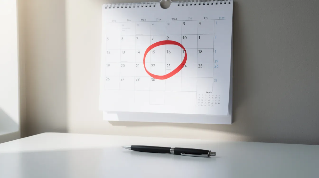 A wall calendar sits on a clean desk with a date circled in red marker, next to a pen, indicating an important appointment for botox treatment. This image suggests a focus on proper aftercare instructions to ensure optimal results and skin health following the cosmetic injection.
