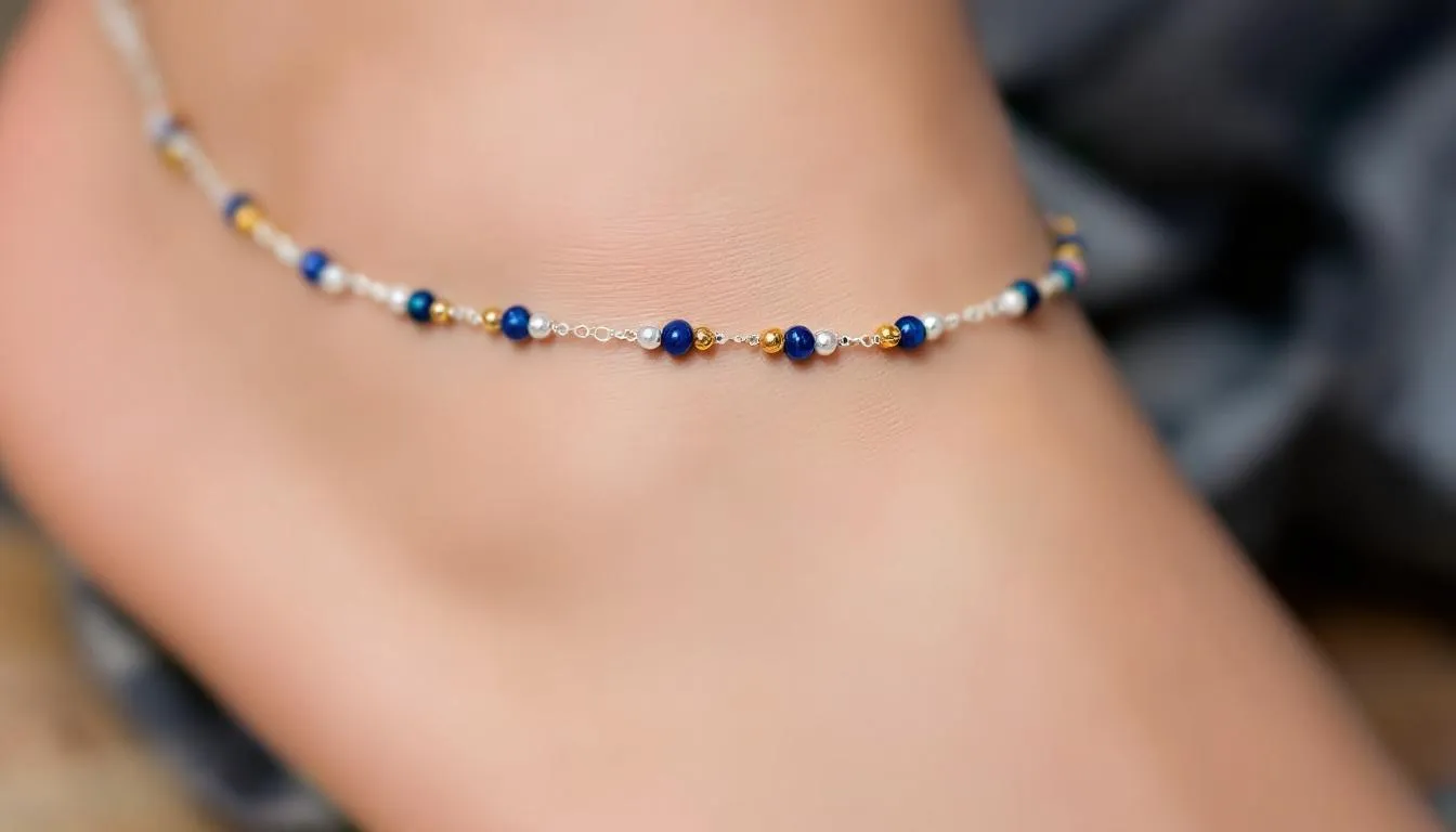 The image showcases a collection of high-quality beaded anklets, each designed to enhance personal style and complement various outfits. With a vibrant range of colors and elegant craftsmanship, these anklets are perfect for special occasions or everyday wear, adding a touch of glamour to any jewellery collection.