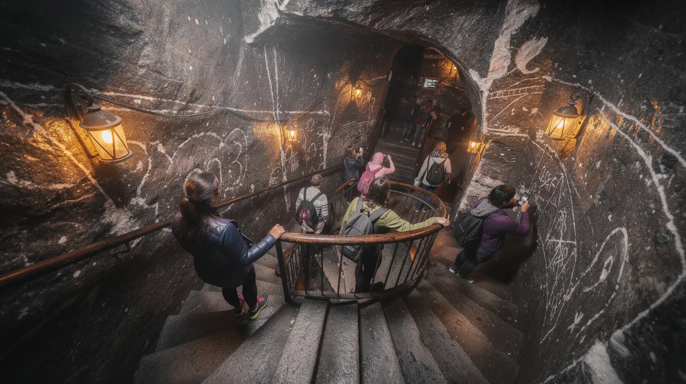 Turistas descem uma escadaria de pedra dentro da antiga mina de sal de Wieliczka, na Polônia. O ambiente subterrâneo é rico em história, com câmaras impressionantes e esculturas de sal, fazendo parte do patrimônio mundial da UNESCO.