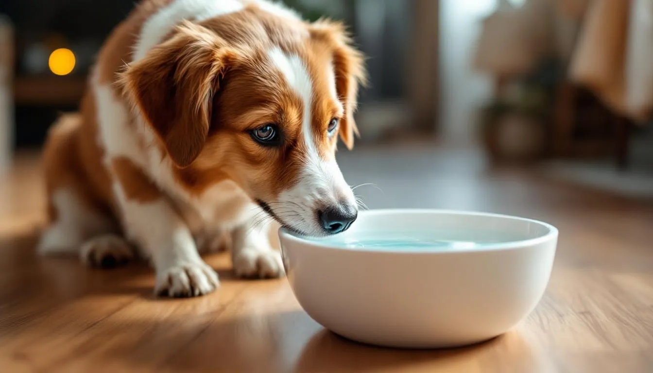 A dog is happily drinking fresh water from a clean bowl, ensuring proper hydration which is essential for preventing urinary tract infections and bladder stones in dogs. Keeping your pet well-hydrated can help reduce the risk of stone formation, including calcium oxalate and struvite stones.