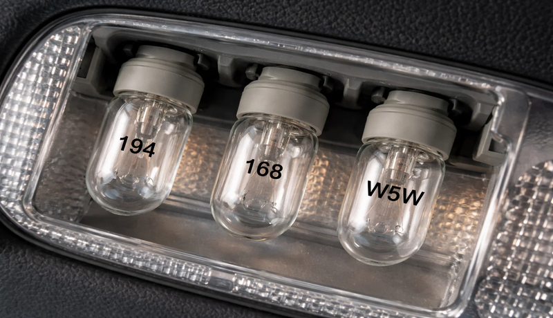 T10 bulb with 194, 168, and W5W labeling in interior car light