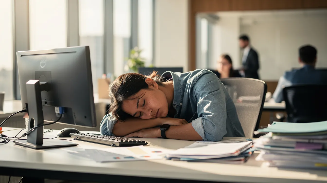 A person is resting their head on a desk in a brightly lit office, visibly illustrating excessive daytime sleepiness, which may relate to conditions like narcolepsy and idiopathic hypersomnia. The scene captures the struggle against drowsiness often experienced during clinical studies evaluating treatments for sleep disorders.