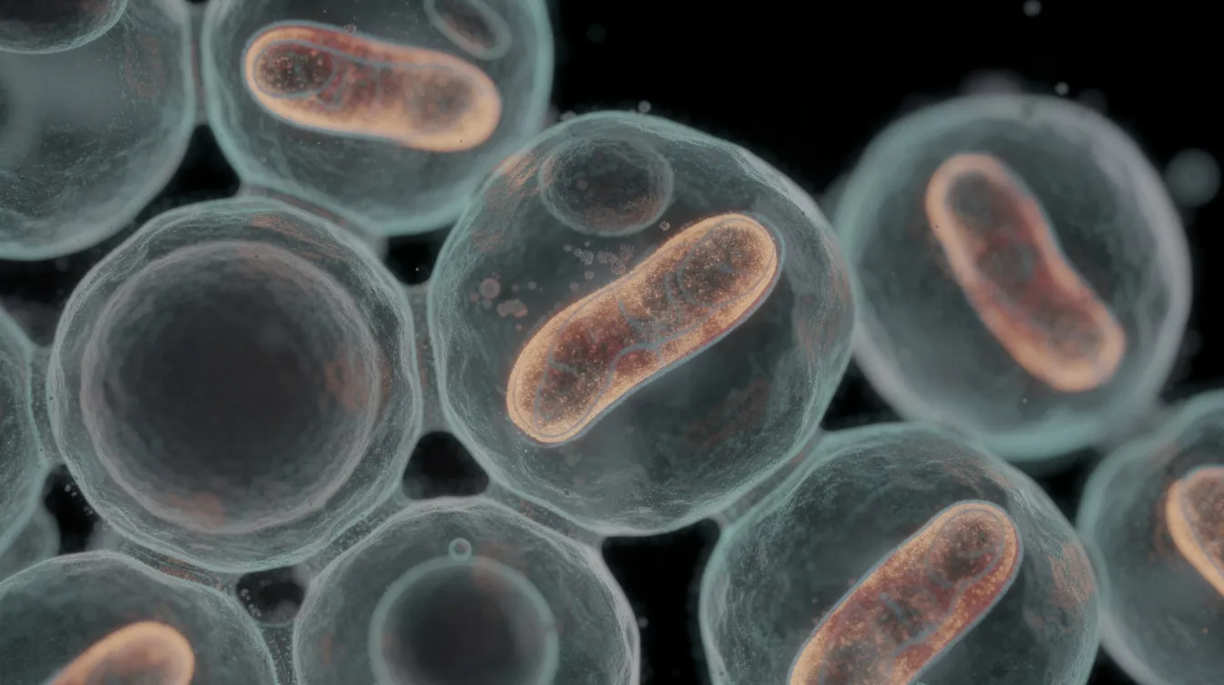 The image depicts a microscopic view of cellular structures, prominently featuring mitochondria within various cell types, including senescent fibroblasts. This detailed visualization highlights the importance of mitochondrial function and the potential impact of cellular senescence on overall cellular health and aging.
