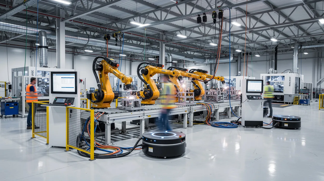 The image depicts a modern industrial manufacturing facility filled with robotic arms and automation equipment, highlighting the advanced technology used in the production process. This environment is essential for companies focusing on innovation and process improvements, where research expenditures and R&D tax credits play a crucial role in maximizing their operational efficiency and compliance with industry regulations.