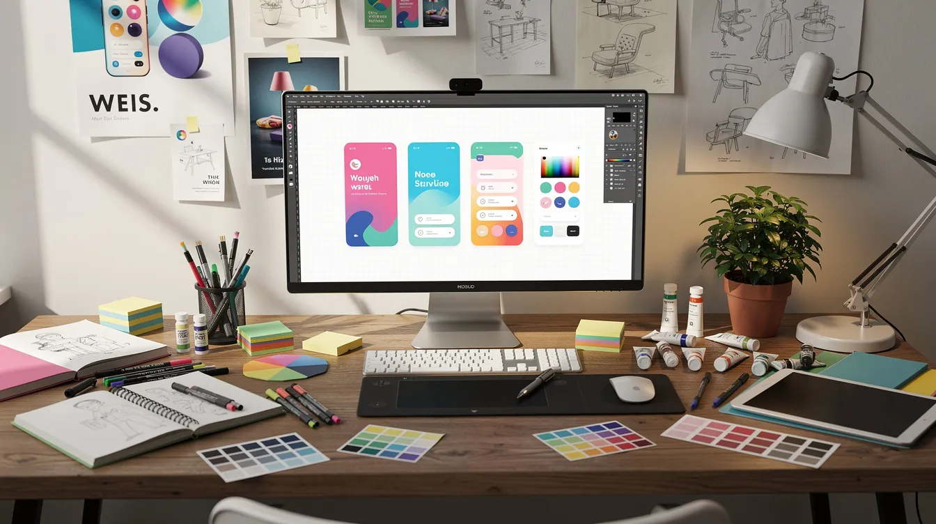 The image depicts a vibrant creative workspace featuring a desk adorned with art supplies and a monitor displaying intricate graphic layouts. The colorful design elements enhance the atmosphere, making it an ideal environment for content creation and digital marketing projects.